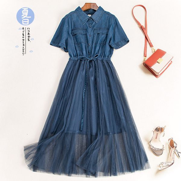 

casual dresses dresses summer women denim mesh patchwork casual turn down collar mori shirt midi dress hc4t, Black;gray