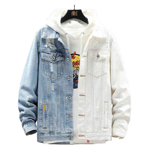 

men's jackets blue white patchwork jean jacket slim long sleeve ripped denim coat spliced outerwear ub09, Black;brown