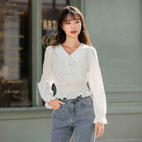 

women's blouses & shirts blouses spring arrival peter pan collar shirt short waist retro lace long sleeve blouse oz4u, White