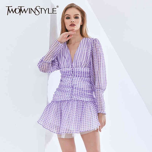 

plaid slim dress for women v neck puff sleeve high waist ruched oversized dresses female womens clothing 210423, Black;gray