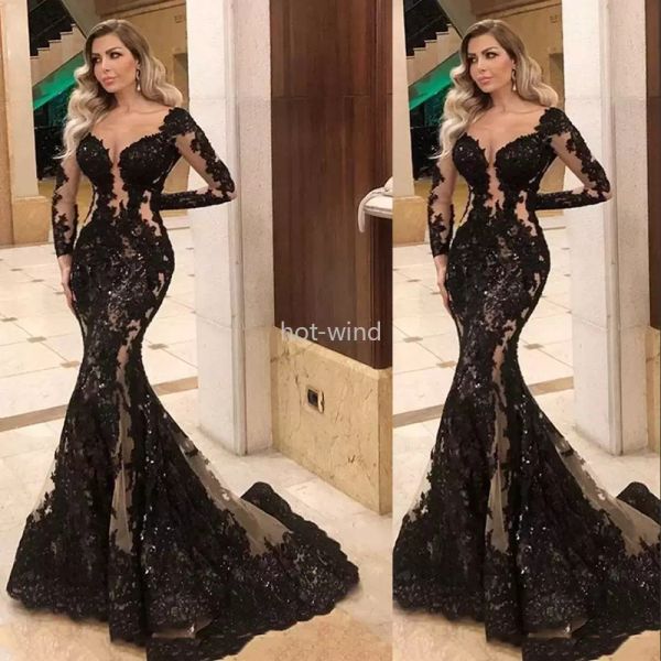2022 Sexy Black Mermaid вечерние платья платья иллюзия с длинным рукавом кружевные блестки с длинным рукавом.