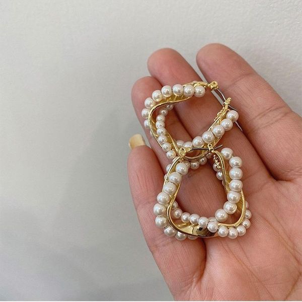 

hoop & huggie vintage elegant irregular square gold plated metallic pearls earrings for women jewelry korean fashion geometric, Golden;silver