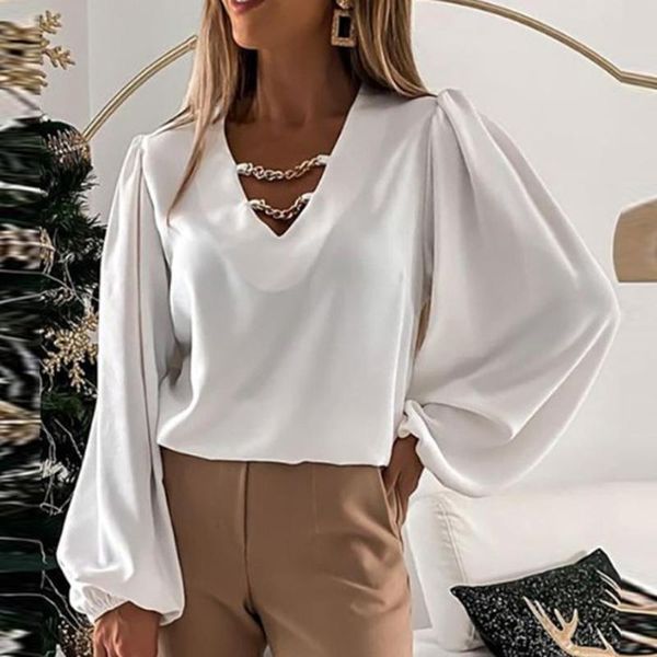 

women's blouses & shirts elegant v neck metal chain lady fashion solid color long sleeve woman autumn loose casual office work female, White