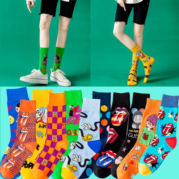 

men's socks 3 pairs man knitting cartoon fashion woman hip hop funny middle tube anime skateboard personality high quality, Black