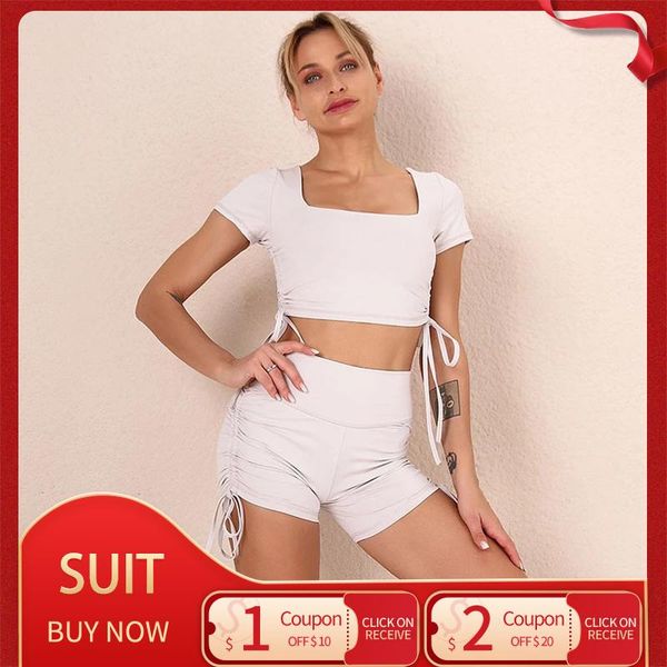 

women's tracksuits fashion product hip bow yoga suit female pure color simple and unique short-sleeved shorts sports running fitness, Gray