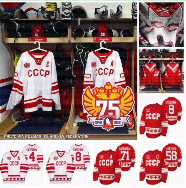 

russia hockey team 2021 75th cccp ussr throwbacks jersey alexander ovechkin anton slepyshev anton burdasov vladislav gavrikov gusev nikita k, Black;red