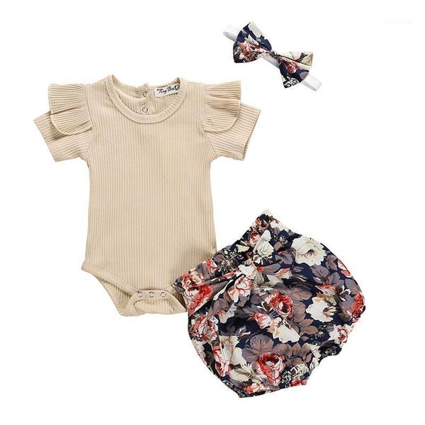 

clothing sets born baby girl clothes set summer solid color short sleeve+romper flower shorts+headband 3pcs outfit infant1, White
