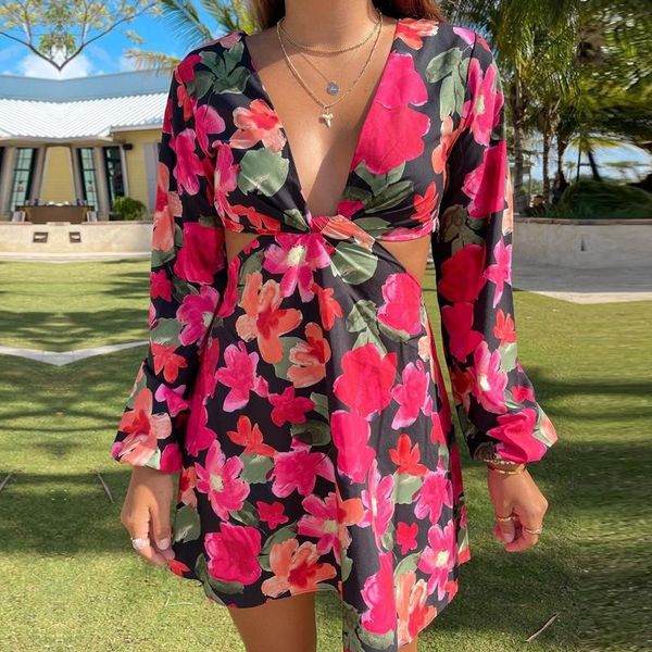 

casual dresses hirigin women hollow out mini dress floral print long sleeve deep v-neck female club party night summer beach date, Black;gray