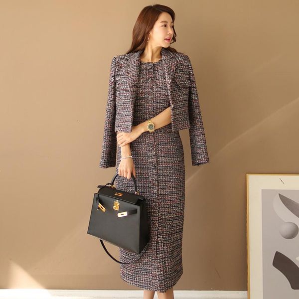 

two piece dress elegant autumn winter 2021 kint coat + sleeveless set women slim office lady outwear formal sets, White