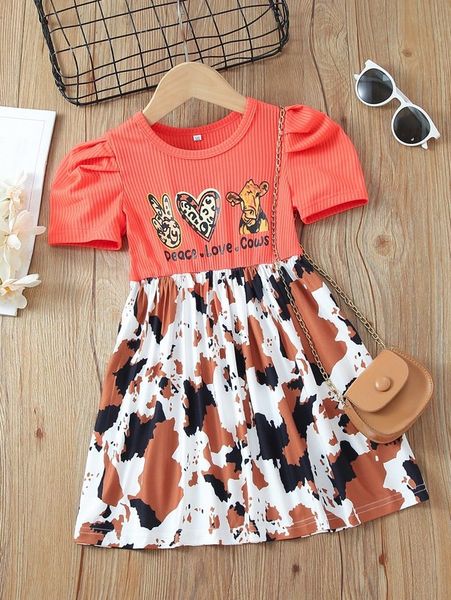 

little girl's letter and heart design bubble sleeve dress she, Red;yellow