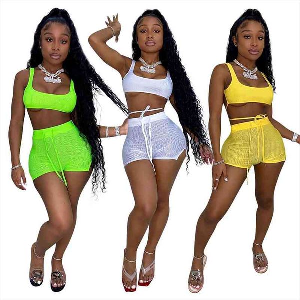 

two piece set women tracksuits sheer mesh sleeveless crop tank short pants tracksuit sporsuit, Gray