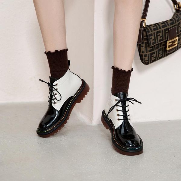 

boots 2021 autumn and winter product rainbow bottom handsome color matching tie with round head, Black