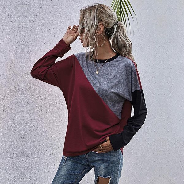 

women's t-shirt women blouses fashion 2021 vintage clothes for ladies patchwork long sleeve shirts female casual wine red sweatshirts a, White