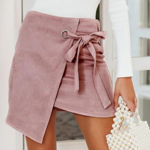 

skirts asymmetrical sash knotted suede skirt women high waist split winter 2021 autumn casual leather female, Black