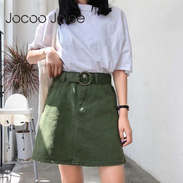 

jocoo jolee denim skirts women summer korean a line sashes skirt solid casual high waist harajuku minimalism chic jean skirt 210619, Black
