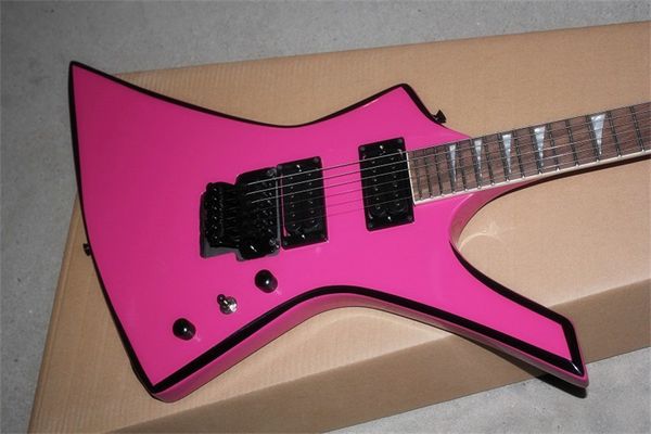 

a new custom shaped 6 - string electric guitar with purple and black accessories