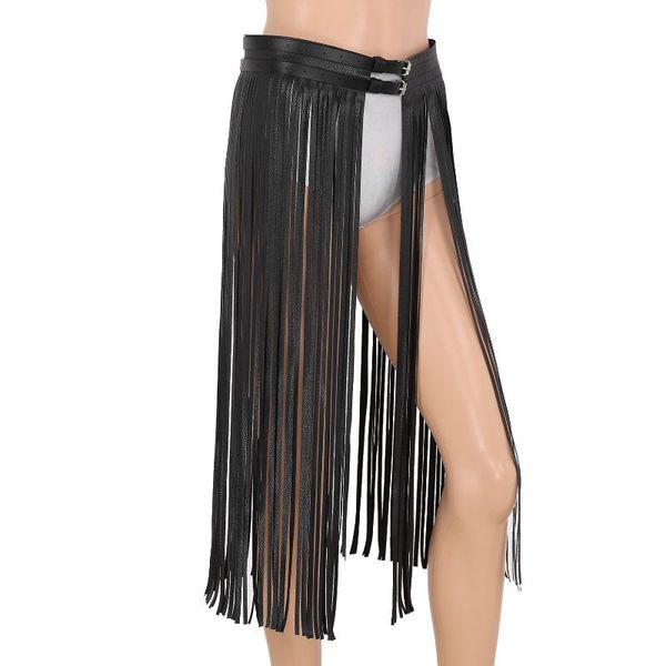 

belts women punk goth skirt belt long fringe tassel underskirts adjustable double buckles pu leather waistband rave costume, Black;brown