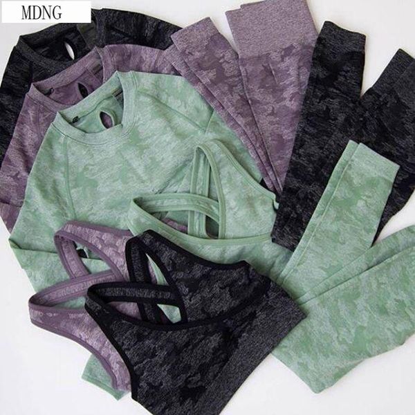 

yoga outfit set women seamless camouflage long sleeves shirt high waist leggings fitness sport gym camo suits tight workout pants