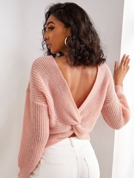 

v cut twist back sweater r2u5#, White