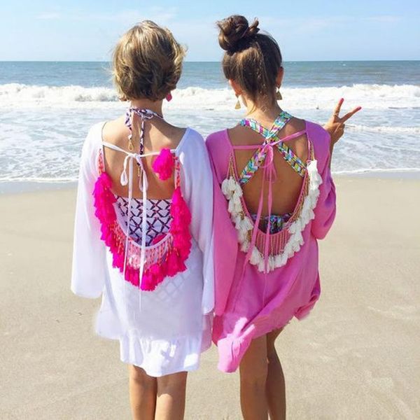 

casual dresses 2021 summer europe halter chiffon dress fringed beach sundress backless boho tassel holiday mini short, Black;gray