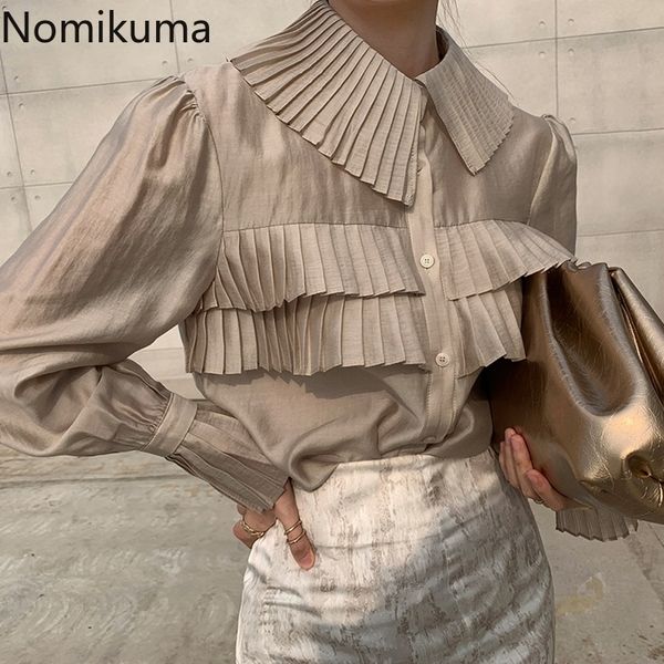 

nomikuma elegant korean style shirts solid color blusa single breasted long sleeve pleated design turn down collar blouse 210317, White