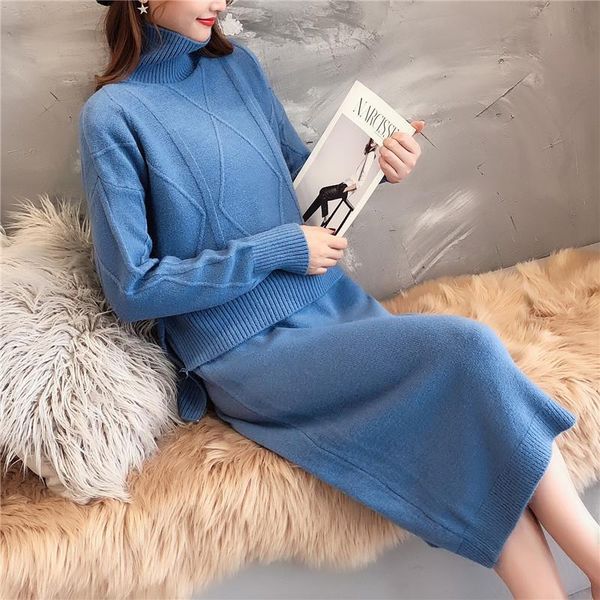 

women's two piece pants 2021 autumn winter women set knitted knee-length dress and pullover thicken warm turtleneck sweater 2, White