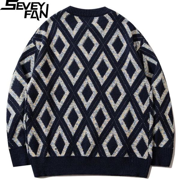 

men's sweaters seveyfan fashion diamond jacquard sweater loose o neck knitwear autumn pullover for couples, White;black