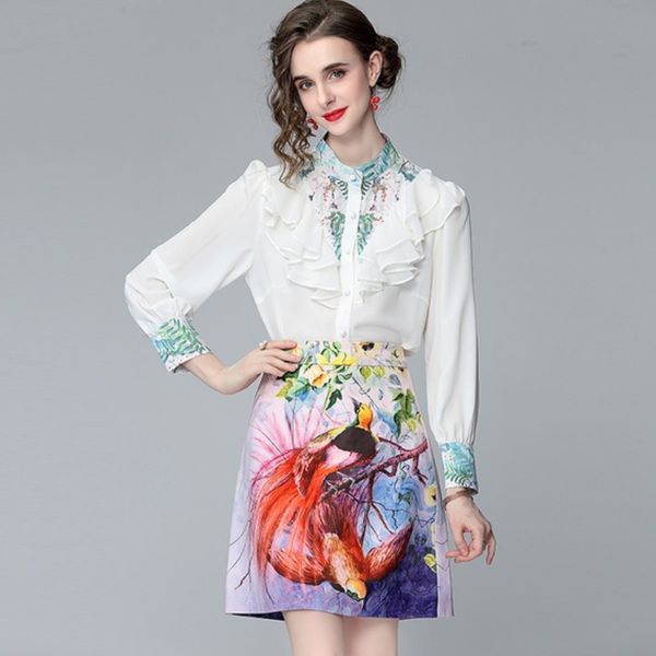 

spring 2 pieces sets women's elegant chiffon ruffles stand collar blouse igh waist print mini skirt suit 210518, White