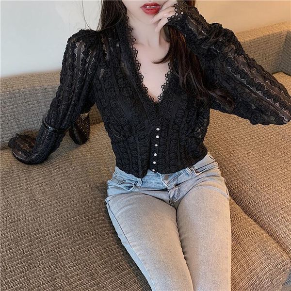 

women's t-shirt spring french hollow lace shirt v-neck black slim short long-sleeved lady elegant solid color high-waist crops, White