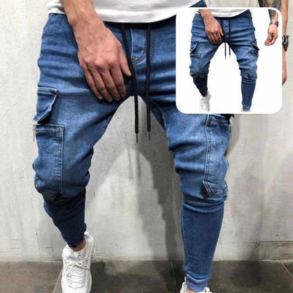 

men's jeans solid color all match drawstring zipper fit autumn for dating, Blue