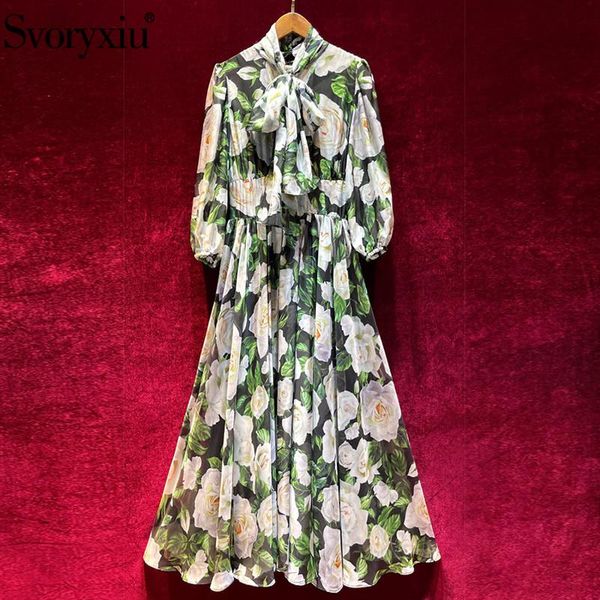 

casual dresses svoryxiu runway fashion autumn chiffon long dress women's bow collar lantern sleeve white camellia print elegant, Black;gray