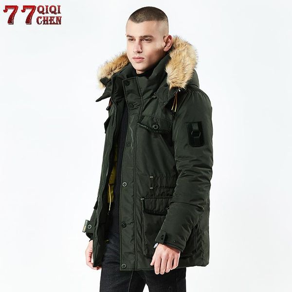 

men's jackets qiqichen autumn winter fur collar parka men casual slim fit hood coat cotton windbreak outwear plus size 3xl, Black;brown