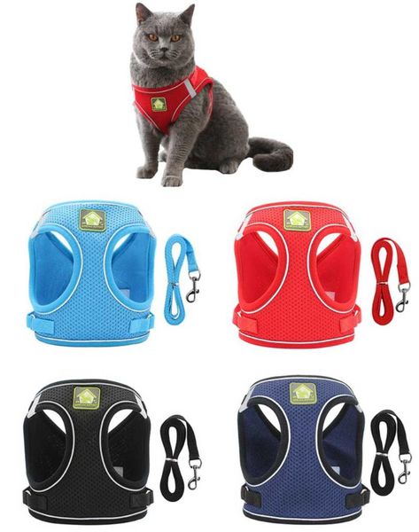 

dog collars & leashes harness and leash set for chihuahua pug small medium breathable mesh puppy cat harnesses vest reflective walking lead
