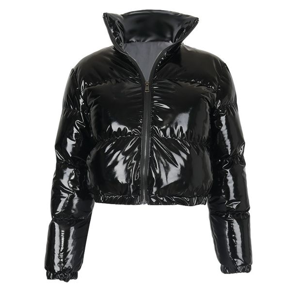 

moodylime autumn winter new pure color pu leather stand-up cardigan bubble coat women duck down et, Black