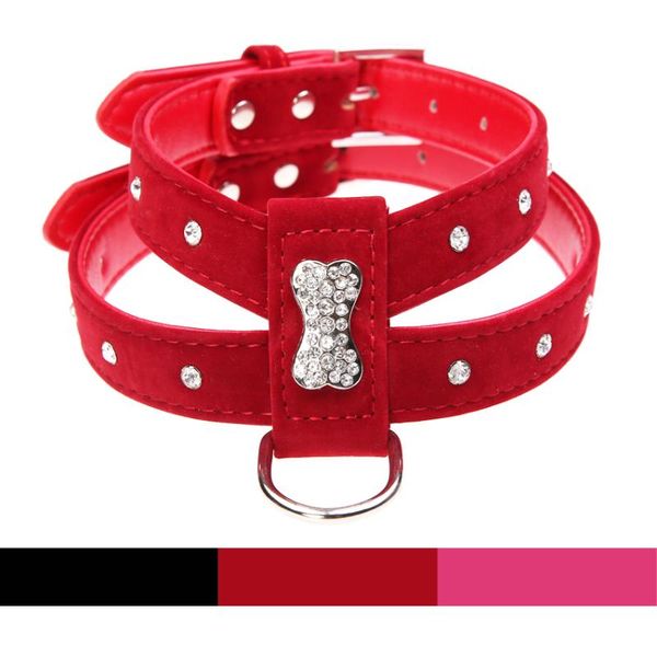 

dog collars & leashes 3 color bling rhinestone bone velvet leather pet puppy harness collar chihuahua teacup care for medium