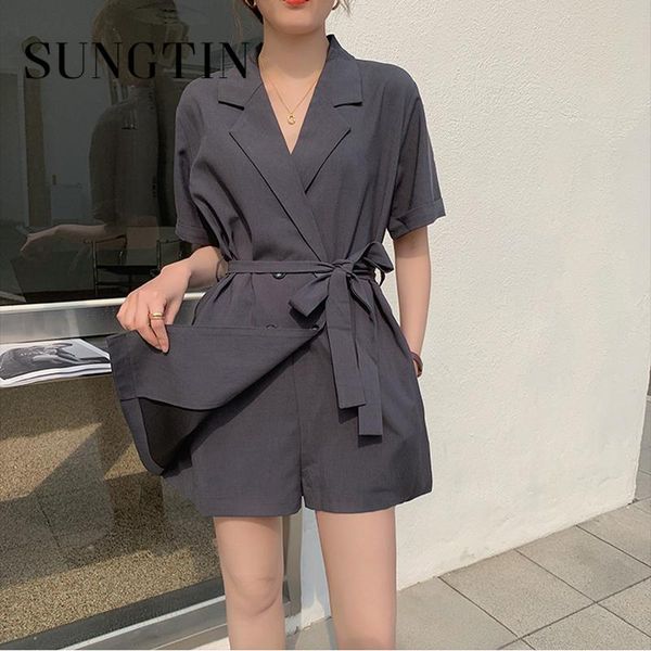 

women's jumpsuits & rompers sungtin casual blazer shorts playsuit women with belt korean short sleeve black elegant office lady loose j, Black;white