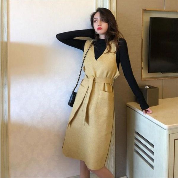 

women's vests 2021 autumn dress v-neck straps waist sleeveless woolen vest skirt, Black;white