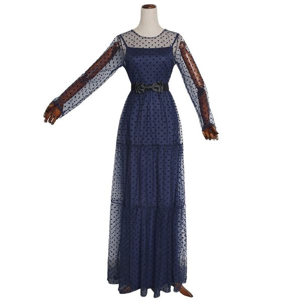 

women's polka dot the neck transparent mesh see through maxi dress long sleeves with inside spaghetti robes xl 5w7n, Black;gray