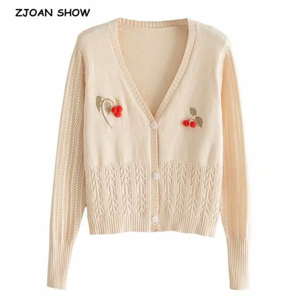 

women knit single-breasted button embroidery flower cherry cardigan french sweater retro knitwear long sleeve jumper 210429, White;black