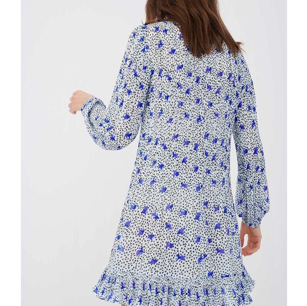 

dsigners  family spring and summer round neck floral long sleeve pleated dress hem irregular slim skirt, White;black