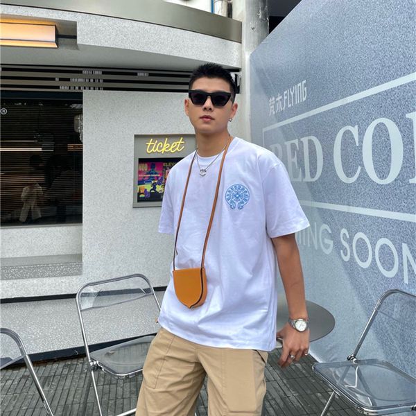 

21ss summer new ch cro leather embroidery metal cross sanskrit loose casual short sleeve t-shirt for men and w, White;black