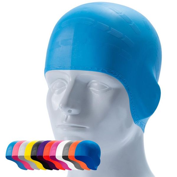 

large size swimming cap silicone ears protect waterproof for long hair women men swim caps ladies diving hood hat blue