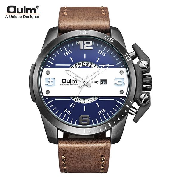 

watch oulm radium belt men's calendar fashion quartz large dial, Slivery;brown