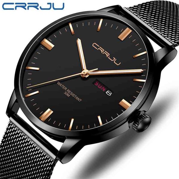 

men's watch crrju classic business thin watch waterproof quartz wristwatch casual date display clock calendar relogio masculino 210517, Slivery;brown