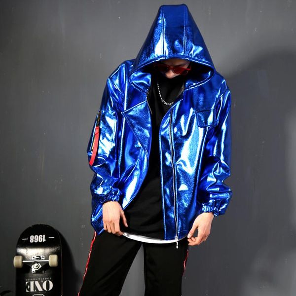 

men's fur & faux m-xxl////trendy blue pu star hooded broadshoulder baseball suit jacket nightclub bar hairdressers., Black
