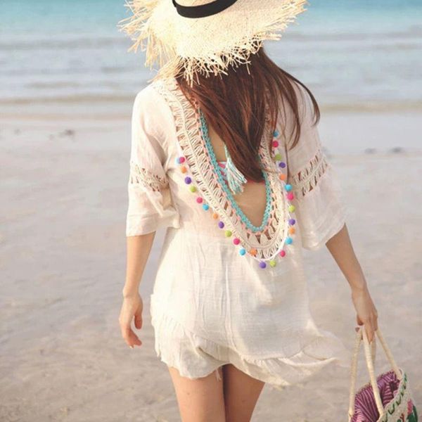 

women backless pom bikini cover up crochet ruffles tie back beach dress a2uf women's swimwear, White;black