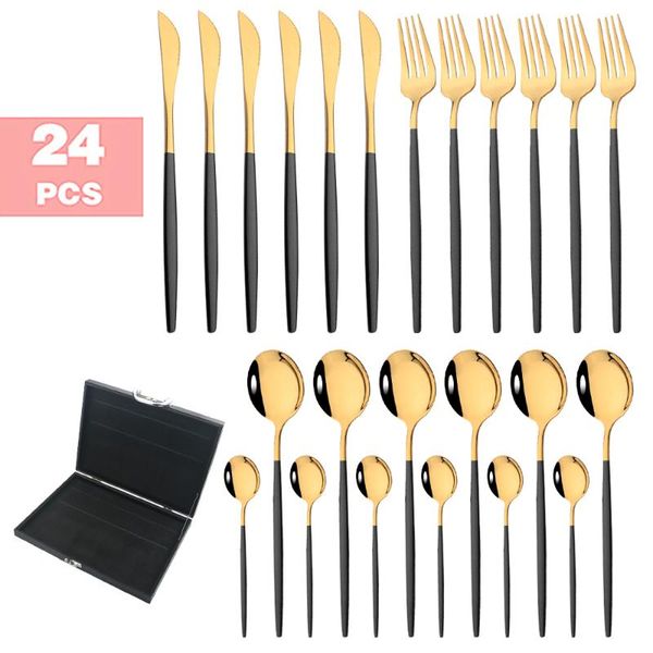 

dinnerware sets 24pcs black gold set stainless steel flatware kitchen fork spoon knife silverware tableware cutlery with gift box