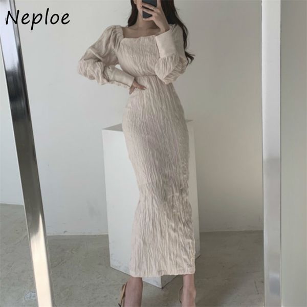

fresh pleated high waist dresses women autumn chic french style elegant long dress square collar femme vestidos 210422, Black;gray
