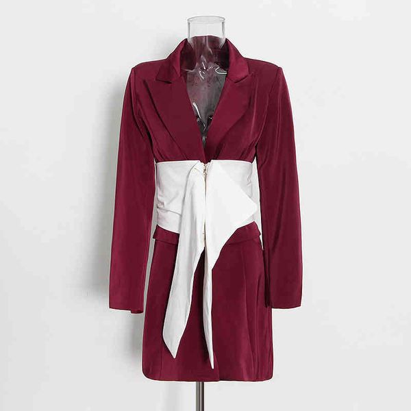 

women's suits & blazers deat woman blazer wine red notched long sleeve hit color with belt designer jackets casual style autumn fashion, White;black