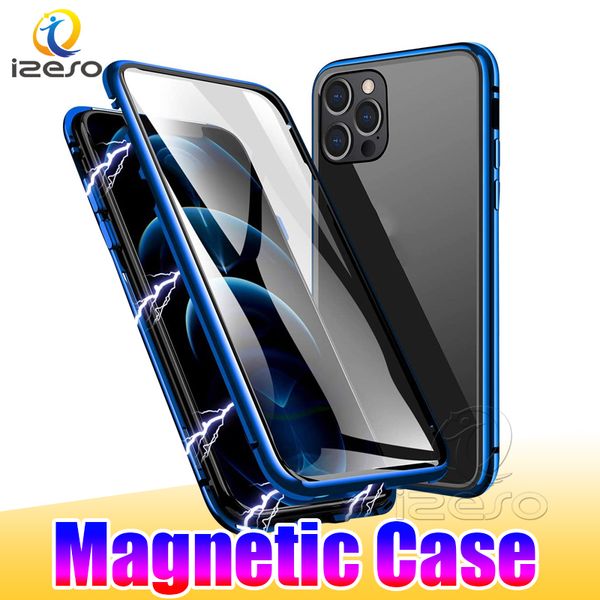 Custodia magnetica per tutto il corpo per iPhone 14 13 12 Pro Max 11 8 Plus Custodie per telefoni ad adsorbimento magnetico con struttura in metallo alluminio Doppio vetro izeso